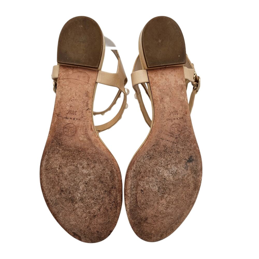 Chanel CC Pearl Flat T Strap Thong Sandal Beige Tan Leather Size 39.5 C US 8.5 9 - Picture 11 of 13
